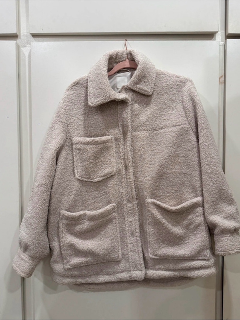 H&M Women's Light Beige Teddy Jacket with Patch Pockets